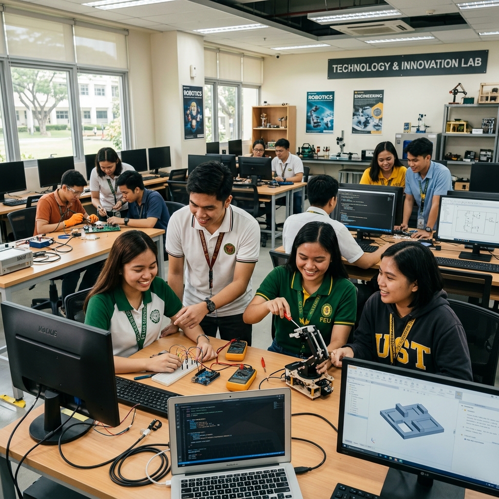 BCT students collaborating in a modern technology lab